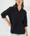Siyah Gömlek Yaka Saten Bluz 0493