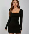 Siyah Kare Yaka Uzun Kollu Likralı Mini Elbise