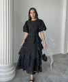 Siyah Kat Kat Balon Kollu Kemerli Elbise