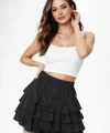 Siyah Katlı Mini Fırfıtlı Etek Lastikli Yüksel Bel, Volanlı Tasarım, Rahat Kalıp, Günlük Ve Şık Kombinelere Uygun Yazlık Etek - Siyah
