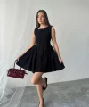 Siyah Mini Boy Büzgülü Keten Elbise