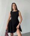 Siyah Mini Boy Büzgülü Keten Elbise