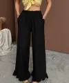 Siyah Paçası Fırfırlı Keten Pantolon