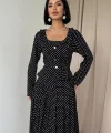 Siyah Puantiye Desenli Volanlı Elbise