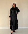 Siyah Saten Büzgülü Kat Kat Elbise