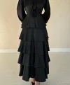 Siyah Saten Büzgülü Kat Kat Elbise