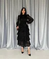 Siyah Valonlu Şeritli Kat Kat Elbise