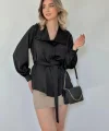 Siyah Yakası Fırfırlı Kuşaklı Saten Gömlek