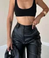 Siyah Yanlardan Cepli Deri Pantolon