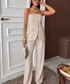 Straplez Büstiyerli Plazzo Pantolonlu Çizgili Takım 10151