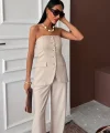 Straplez Büstiyerli Plazzo Pantolonlu Çizgili Takım 10151