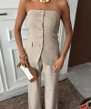 Straplez Büstiyerli Plazzo Pantolonlu Çizgili Takım 10151