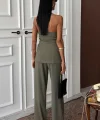Straplez Büstiyerli Plazzo Pantolonlu Çizgili Takım 10151