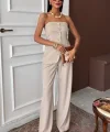 Straplez Büstiyerli Plazzo Pantolonlu Çizgili Takım 10151