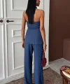 Straplez Büstiyerli Plazzo Pantolonlu Çizgili Takım 10151