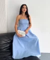 Straplez Pileli Elbise - Açık Mavi