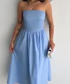 Straplez Pileli Elbise - Açık Mavi