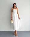 Straplez Pileli Elbise - Beyaz