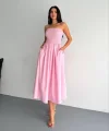 Straplez Pileli Elbise - Pembe