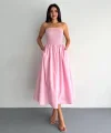 Straplez Pileli Elbise - Pembe
