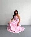 Straplez Pileli Elbise - Pembe