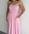 Straplez Pileli Elbise - Pembe