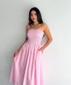 Straplez Pileli Elbise - Pembe