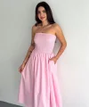 Straplez Pileli Elbise - Pembe