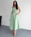Straplez Pileli Elbise - Su Yeşili