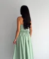 Straplez Pileli Elbise - Su Yeşili