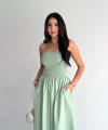 Straplez Pileli Elbise - Su Yeşili