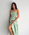 Straplez Pileli Elbise - Su Yeşili