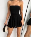 Straplez Sandy Kumaş Şortlu Prenses Etek Mini Kloş Elbise - Siyah