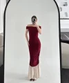 Striptiz Omuzlu Uzun Elbise- Bordo