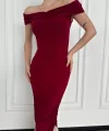 Striptiz Omuzlu Uzun Elbise- Bordo