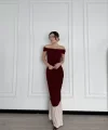 Striptiz Omuzlu Uzun Elbise- Bordo