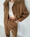 Süet Ceket Palazzo Pantolon İkili Takım - Kahve