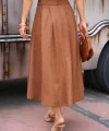 Süet Düz Etek - Taba