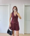 Takım Görünümlu Yelekli Mini Elbise- Bordo