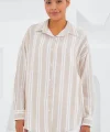 Taş Beyaz Çizgili Oversize Keten Gömlek 20251