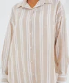 Taş Beyaz Çizgili Oversize Keten Gömlek 20251