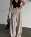 TASARIM SALAŞ  PANTOLON BEL İP DETAYLI - Bej