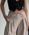 TASARIM SALAŞ  PANTOLON BEL İP DETAYLI - Bej