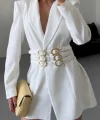TEK DÜĞME CEKET 3 TOKALI KEMER SÜSLÜ - Beyaz