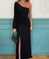 Tek Omuz Açık Derin Yırtmaçlı Krep Tam Boy Elbise