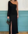 Tek Omuz Açık Derin Yırtmaçlı Krep Tam Boy Elbise