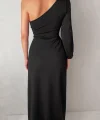 Tek Omuz Açık Derin Yırtmaçlı Krep Tam Boy Elbise