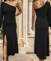 Tek Omuz Açık Derin Yırtmaçlı Krep Tam Boy Elbise