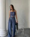 TENCEL CROP ASKILI BLUZ - ŞALVAR PANTOLON TK - İndigo