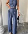 TENCEL CROP ASKILI BLUZ - ŞALVAR PANTOLON TK - İndigo